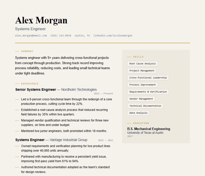 Preview of the General Engineer Resume Template layout